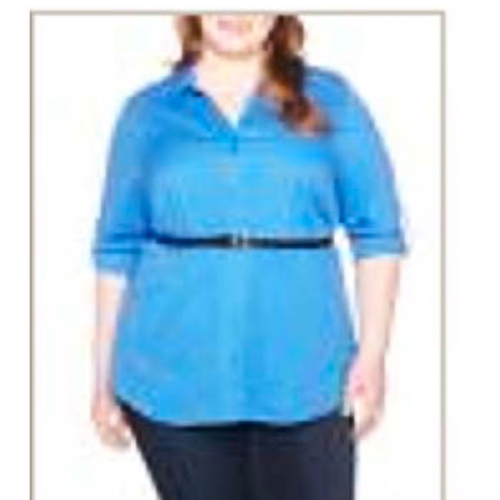 CRINKLED COTTON BUTTON-DOWN BLOUSE, NEW BLUE, SIZE 5X, ELASTIC SHIRRING AT MIDDL